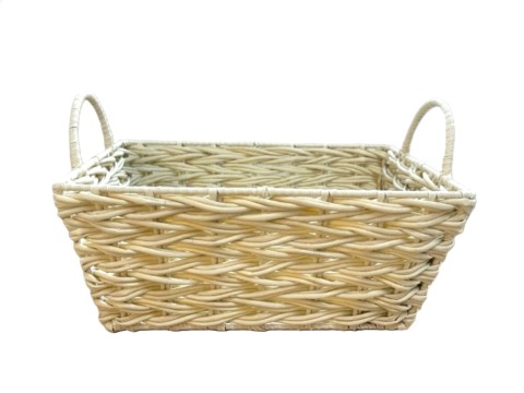 Professional-grade Rectangular Beige Resin Basket with Herringbone Weaving and Handles
